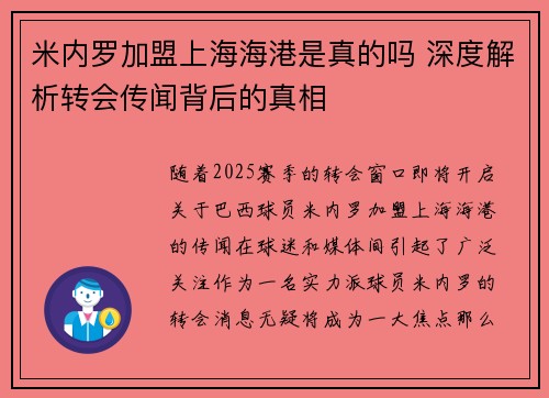 米内罗加盟上海海港是真的吗 深度解析转会传闻背后的真相